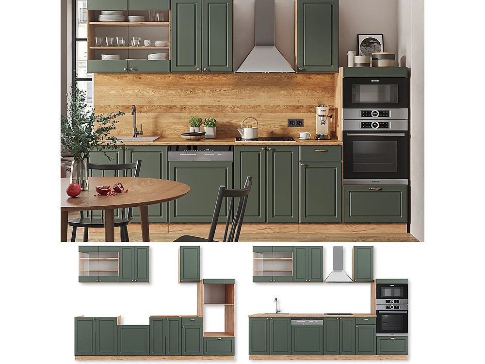 Küchenzeile grün-gold landhaus/goldkraft eiche 300x60x81.6 fame-line