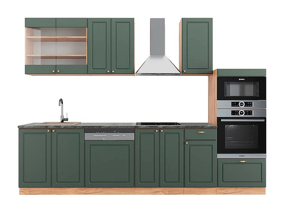 Køkkenrække grøn-guld country/guld power eg 300x60x81.6 fame-line