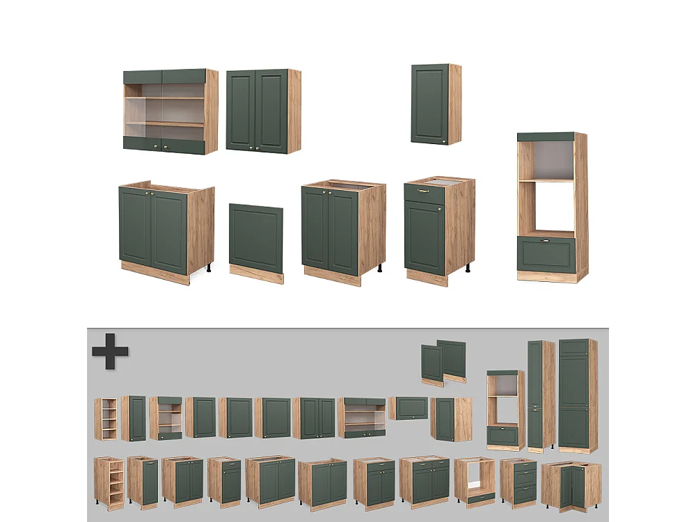 Køkkenrække grøn-guld country/guld power eg 300x60x81.6 fame-line