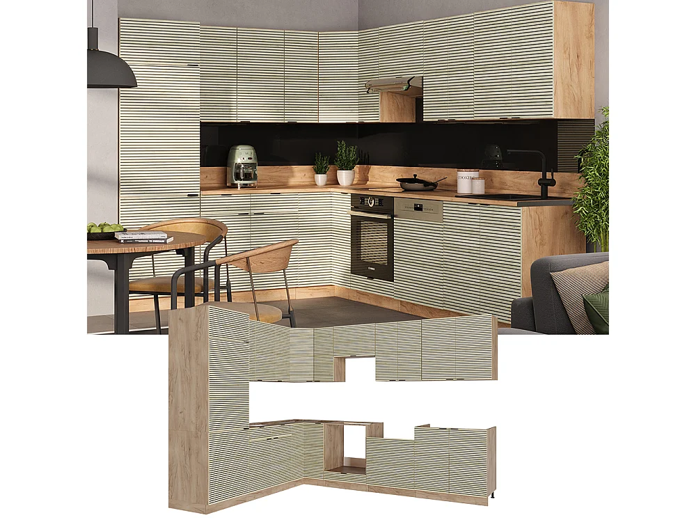 Cuisine en angle chêne lambris/chêne doré 227x60x81.6 fame-line