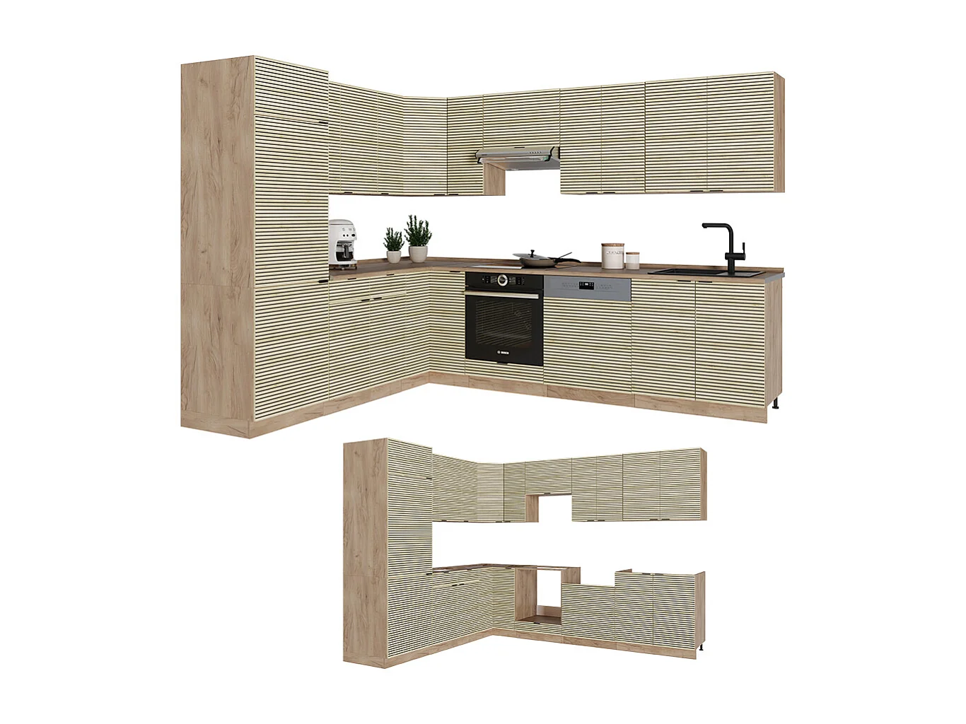 Cuisine en angle chêne lambris/chêne doré 227x60x81.6 fame-line