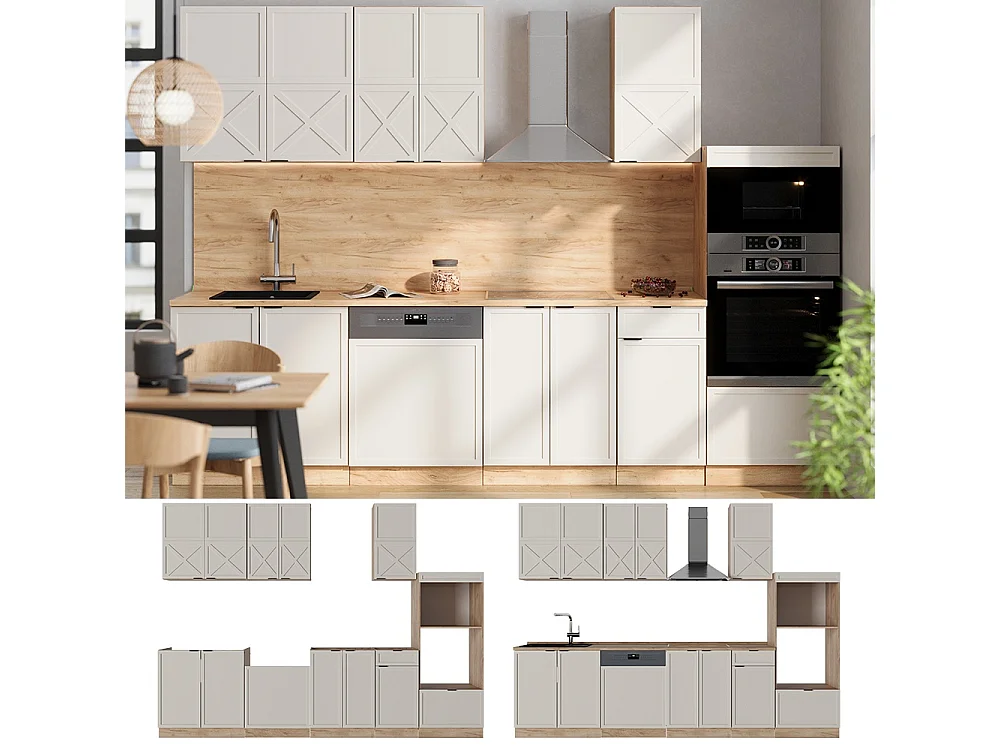 Mueble de cocina gris/beige/roble dorado 300x60x81.6 fame-line