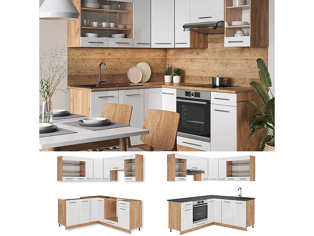 Hjørnekøkken hvid højglans/guld power oak 190x60x81.6 fame-line