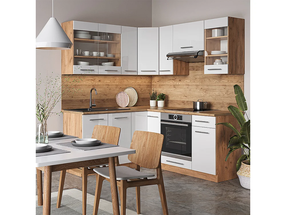 Hjørnekøkken hvid højglans/guld power oak 190x60x81.6 fame-line