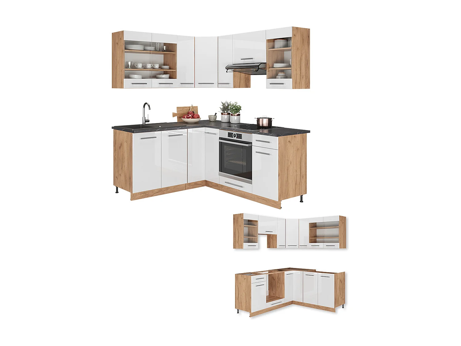 Hjørnekøkken hvid højglans/guld power oak 190x60x81.6 fame-line