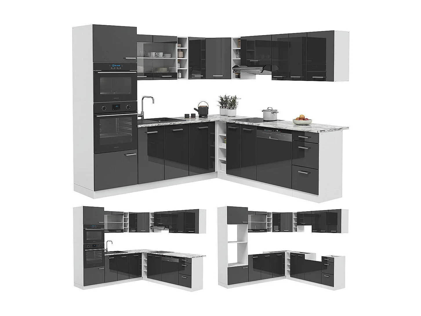 Cuisine en angle anthracite brillant/blanc 247x60x81.6 r-line
