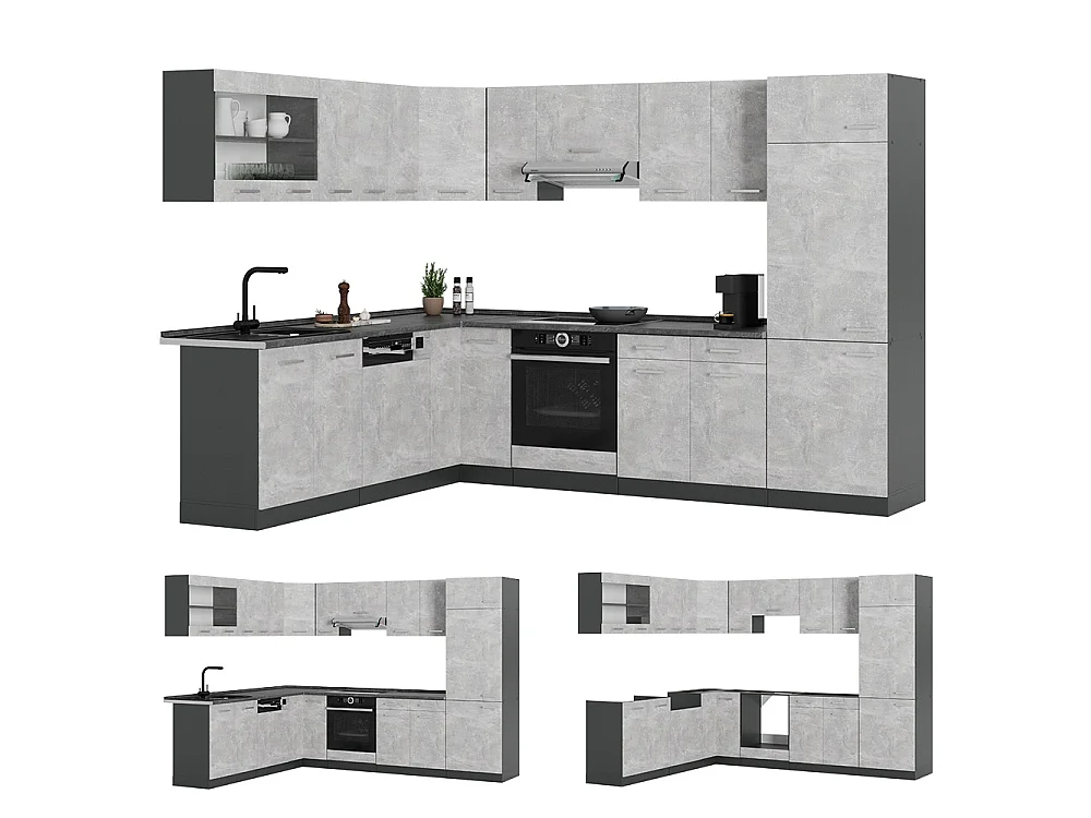 Cuisine en angle béton/anthracite 287x46x81.6 r-line