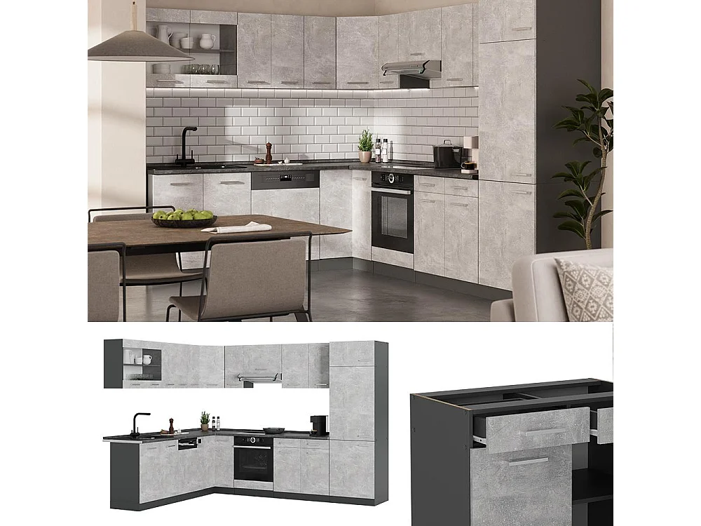 Cuisine en angle béton/anthracite 287x46x81.6 r-line