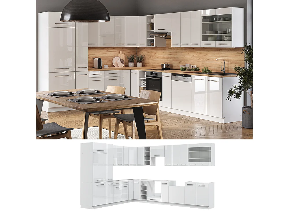 Cocina esquinera blanco alto brillo/blanco 347x60x81.6 fame-line