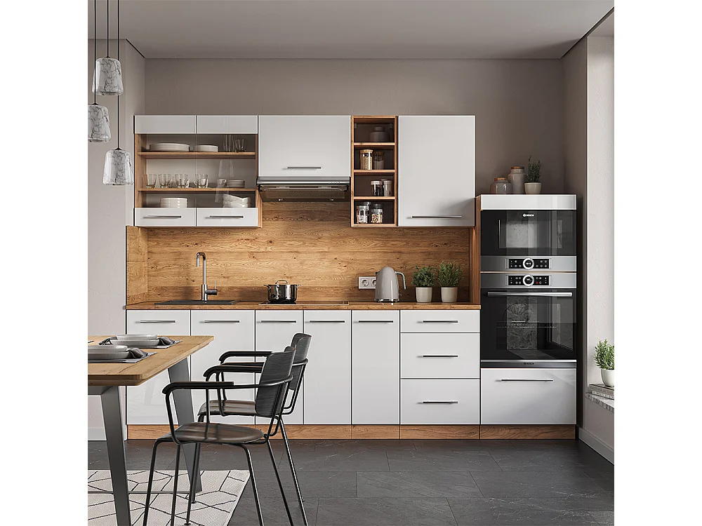 Cuisine blanc brillant/chêne doré 280x60x81.6 fame-line