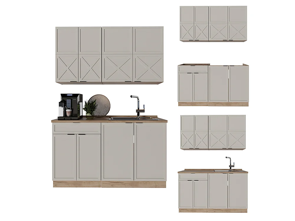 Eenpersoonskeuken grijs/beige/gouden eik 140x46x81.6 fame-line