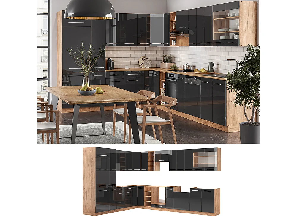 Cocina esquinera antracita brillo intenso/roble dorado eléctrico 347x60x81.6 fame-line