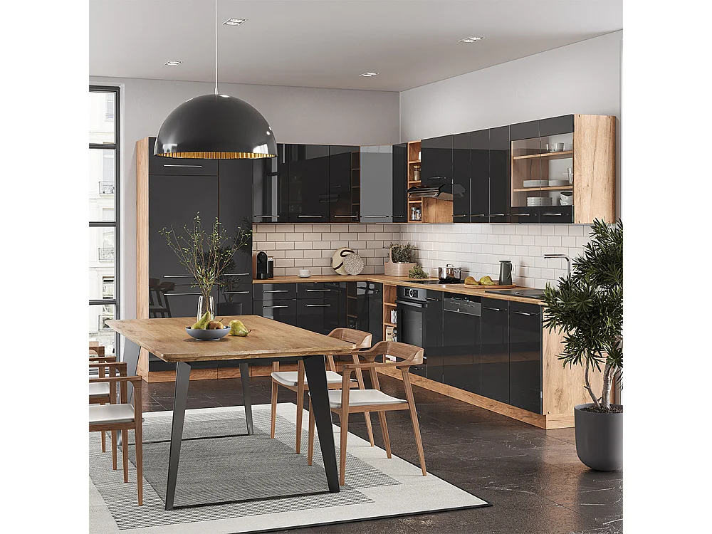 Eckküche anthrazit hochglanz/goldkraft eiche 347x60x81.6 fame-line