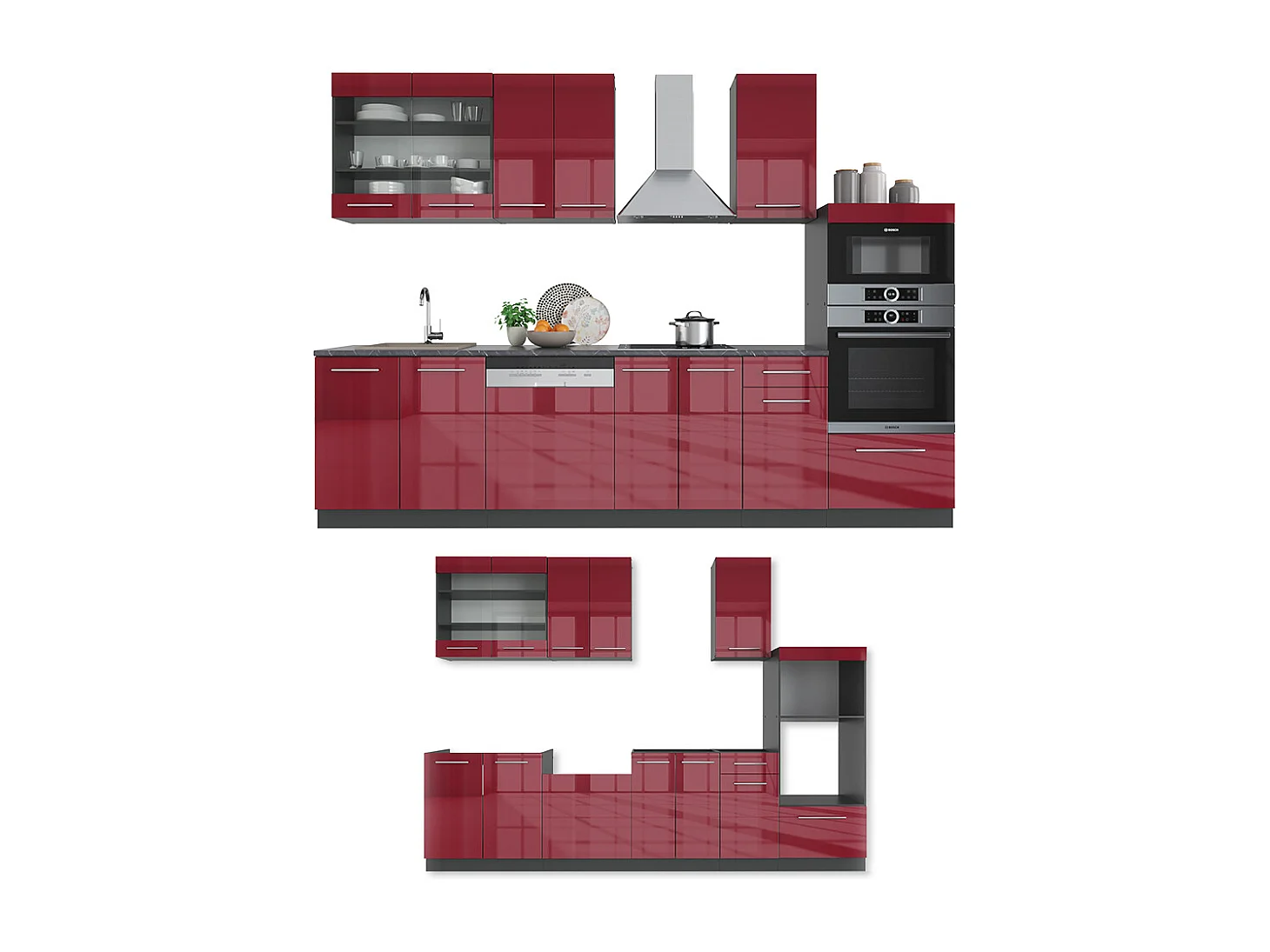 Mueble de cocina burdeos brillo intenso/antracita 300x60x81.6 fame-line