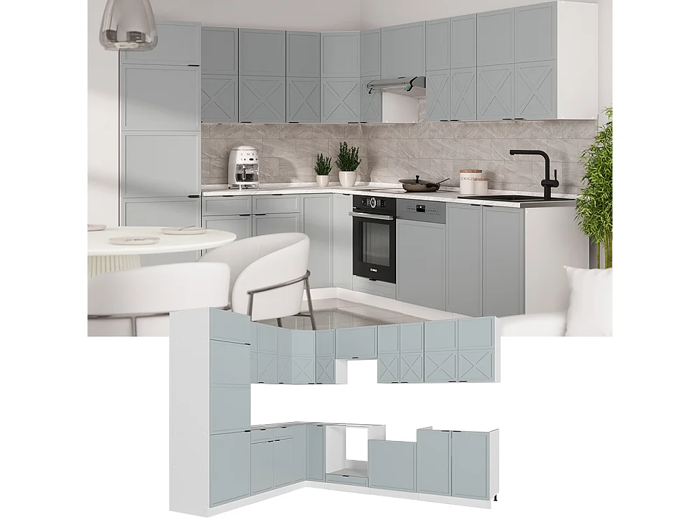 Hoekkeuken licht blauw-grijs/wit 287x60x81.6 fame-line