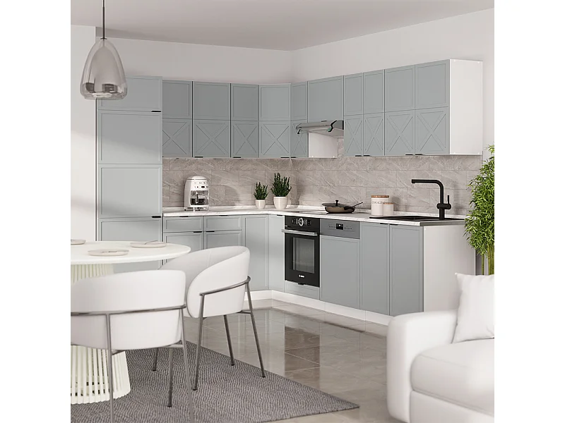 Cuisine en angle bleu clair-gris/blanc 287x60x81.6 fame-line