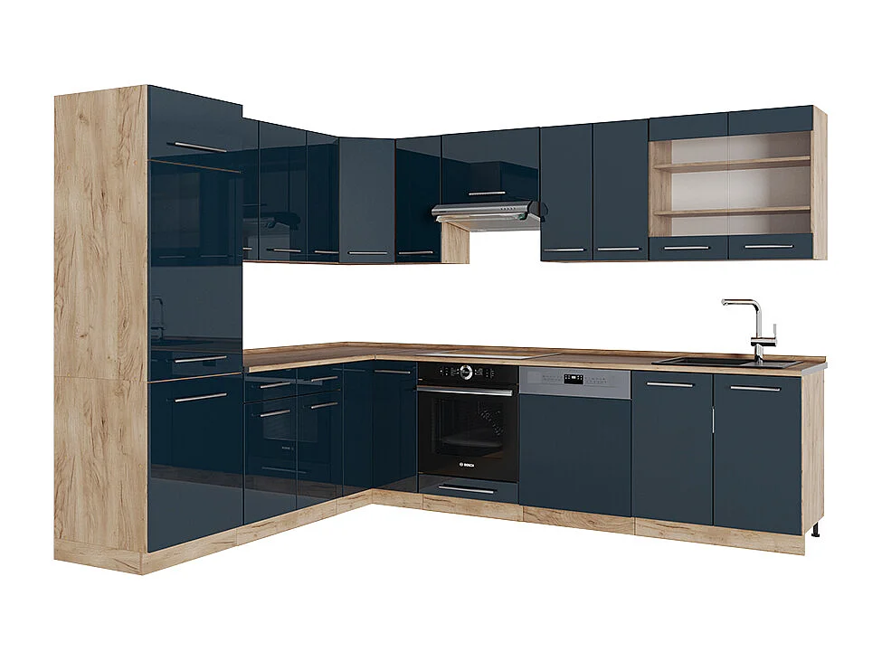 Cuisine en angle bleu foncé brillant/chêne doré 287x60x81.6 fame-line