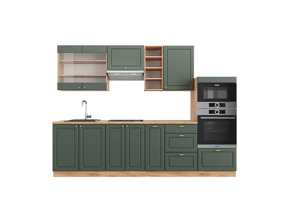 Køkkenrække grøn-guld country/guld power eg 280x60x81.6 fame-line