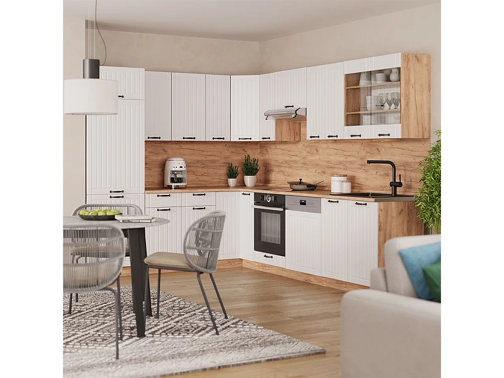 Cuisine en angle blanc campagne/chêne de force doré 287x60x81.6 fame-line