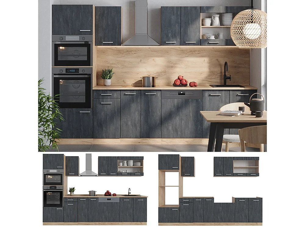 Complete keukeneenheid zwart beton/goud eiken 300x60x81.6 r-line