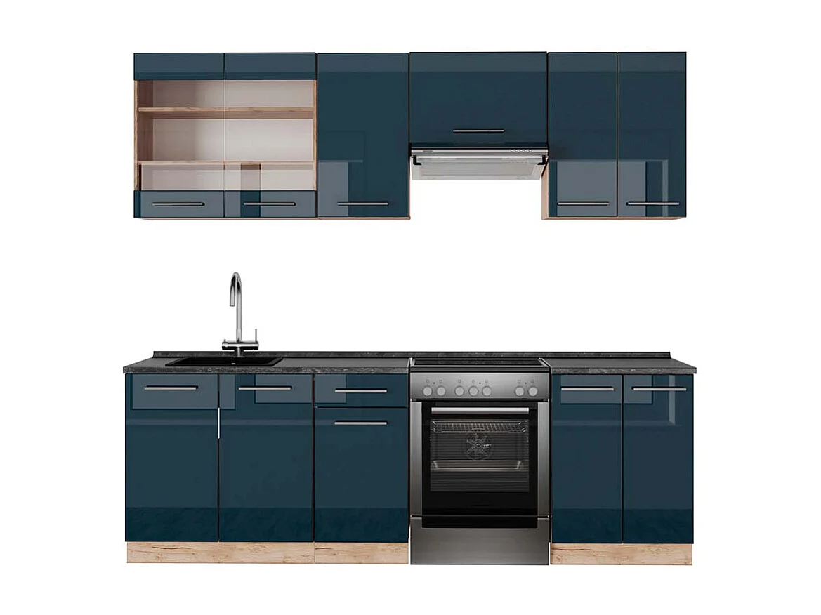 Cuisine bleu foncé brillant/chêne doré 240x60x81.6 fame-line