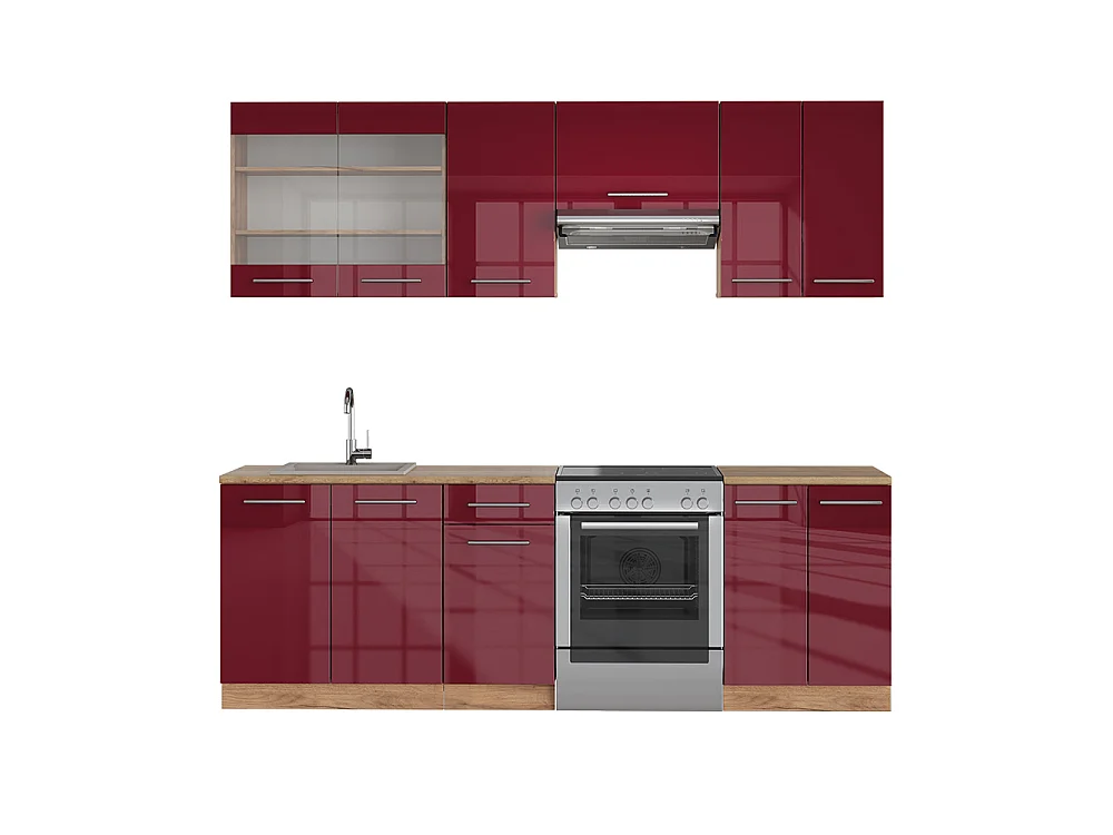 Køkkenrække bordeaux højglans/gylden eg 240x60x81.6 fame-line