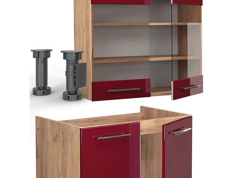 Køkkenrække bordeaux højglans/gylden eg 240x60x81.6 fame-line