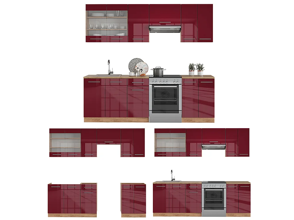 Køkkenrække bordeaux højglans/gylden eg 240x60x81.6 fame-line