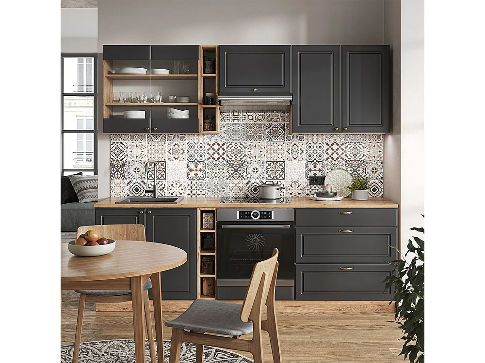 Mueble de cocina antracita casa de campo/roble kraft dorado 235x60x81.6 fame-line