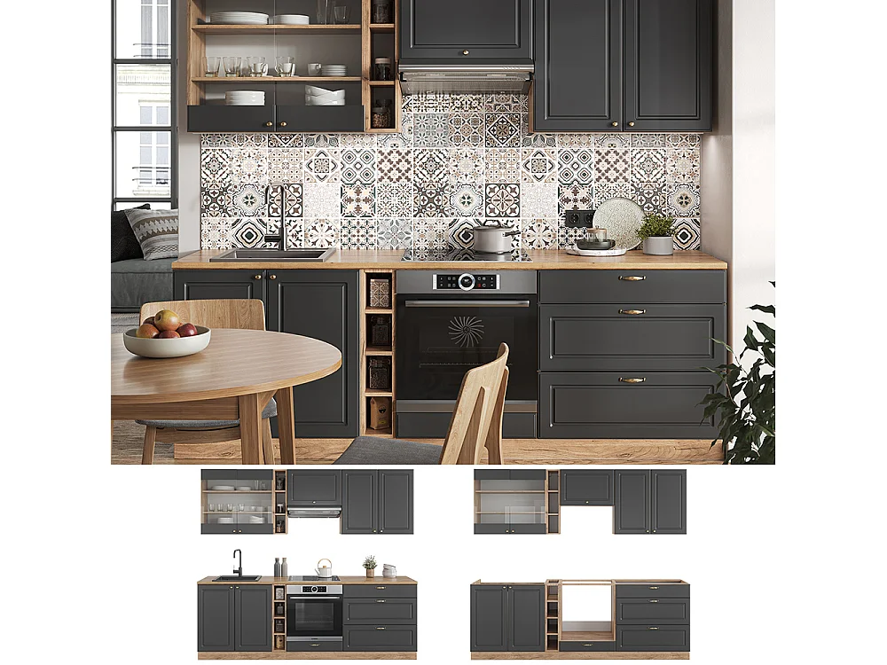 Cucina componibile antracite country house/oro kraft oak 235x60x81.6 fame-line