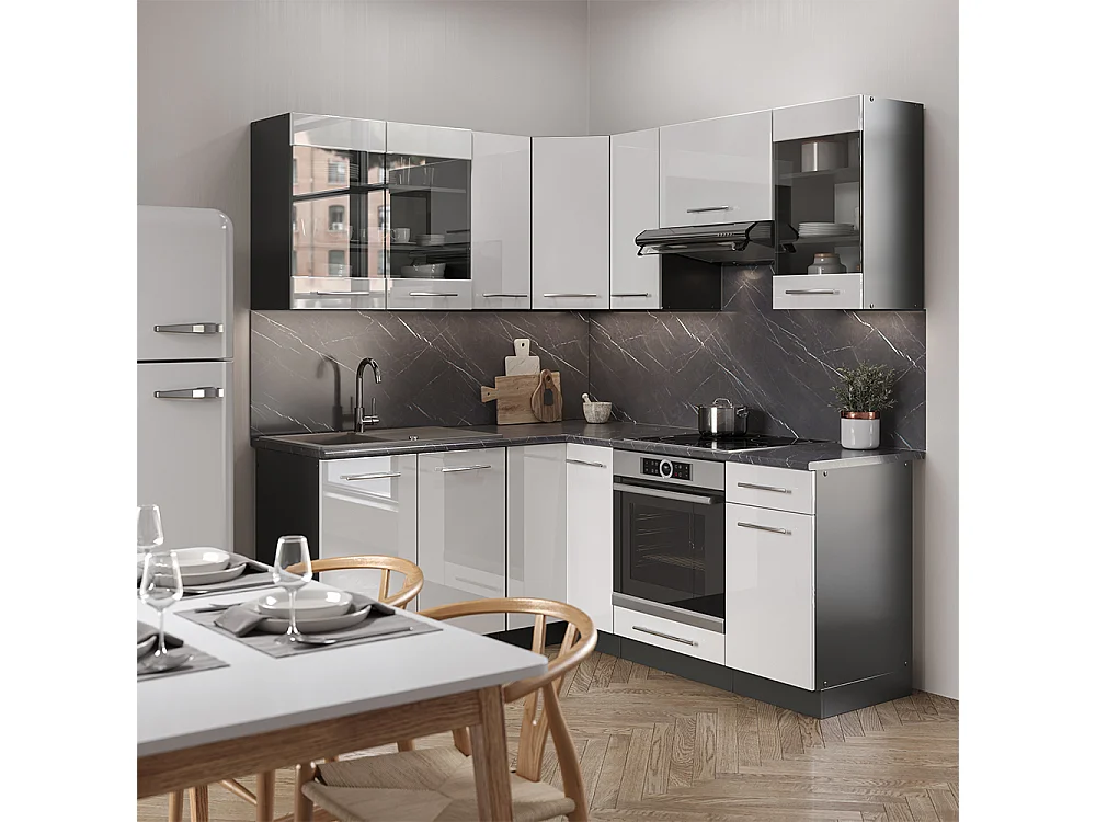 Hörnkök vit högblank/antracit 190x60x81.6 fame-line