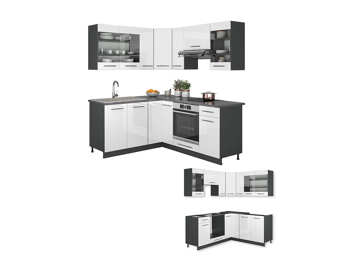 Hörnkök vit högblank/antracit 190x60x81.6 fame-line