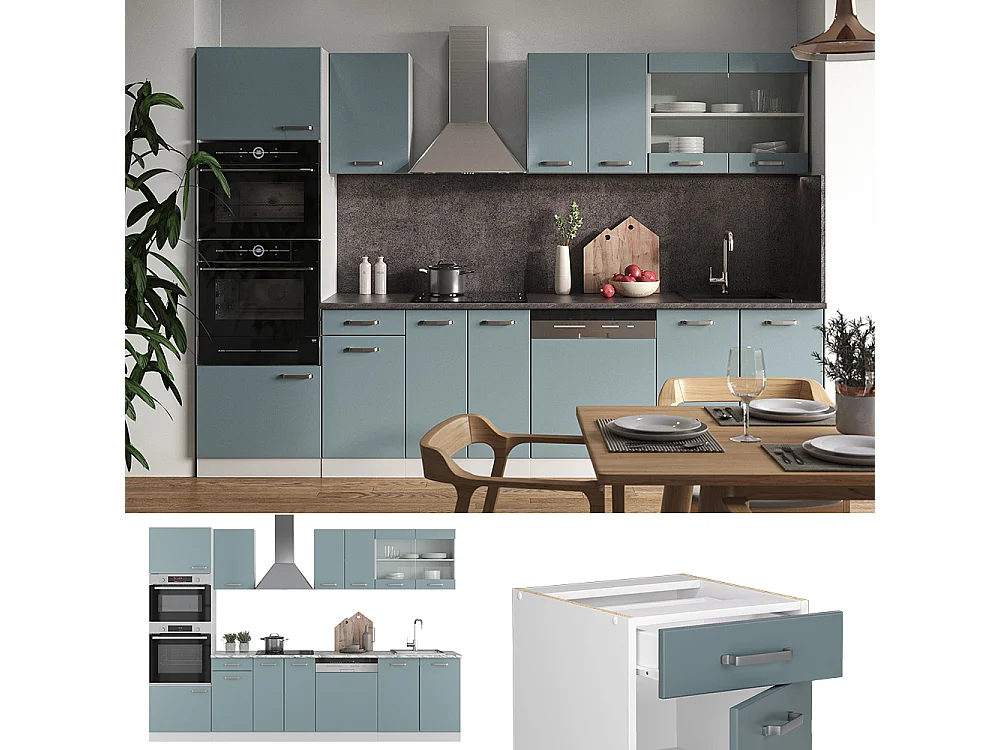 Cucina componibile grigio-blu 300x46x81.6 r-line