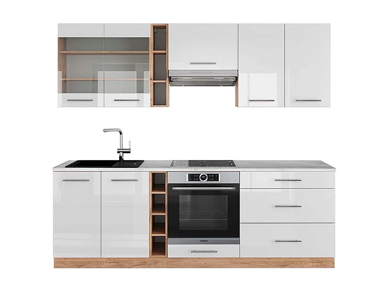 Mueble de cocina blanco brillo intenso/roble dorado 235x60x81.6 fame-line