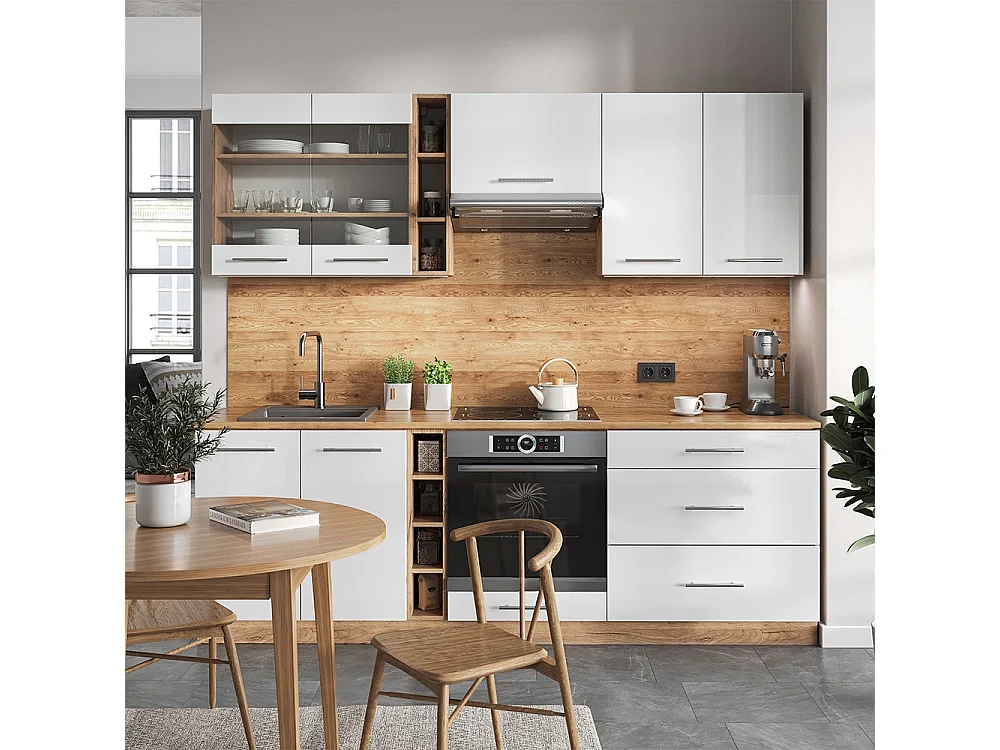 Mueble de cocina blanco brillo intenso/roble dorado 235x60x81.6 fame-line