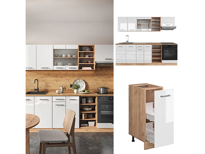 Mueble de cocina blanco brillo intenso/roble dorado 240x46x81.6 r-line