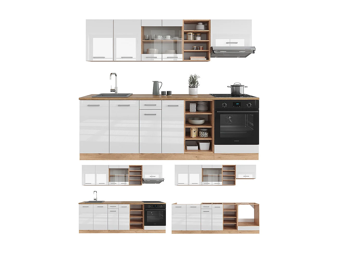 Cuisine blanc brillant/chêne doré 240x46x81.6 r-line