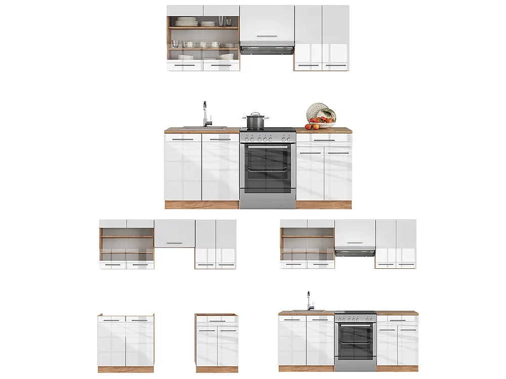 Køkkenrække hvid højglans/guld power oak 200x60x81.6 fame-line
