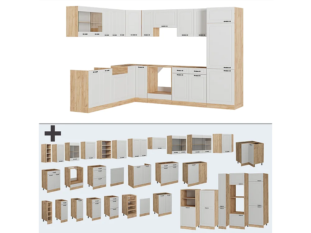 Cuisine en angle blanc campagnard/chêne doré 287x46x81.6 r-line