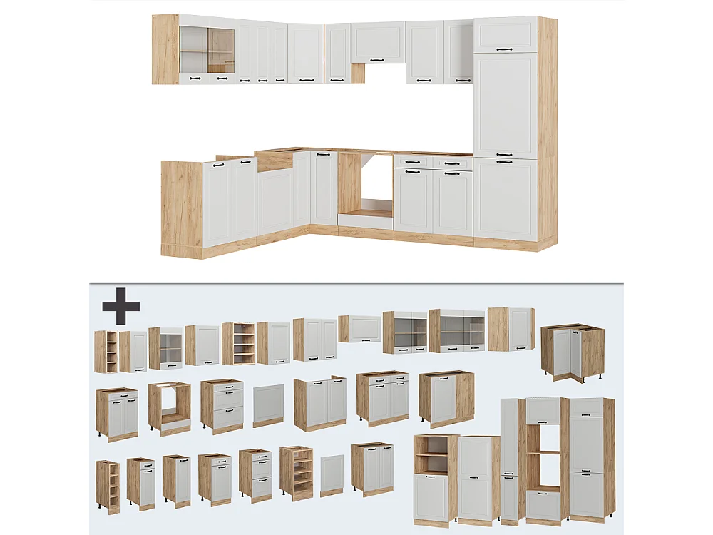 Cuisine en angle blanc campagnard/chêne doré 287x46x81.6 r-line