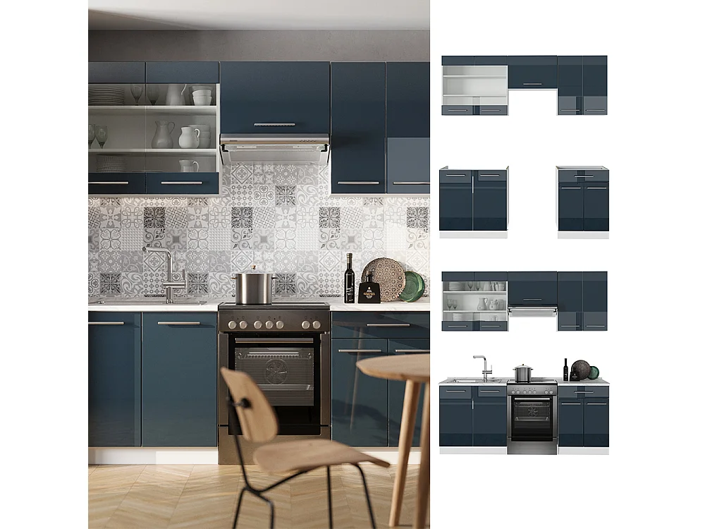 Armoires de cuisine  bleu foncé brillant/blanc 200x46x81.6 fame-line