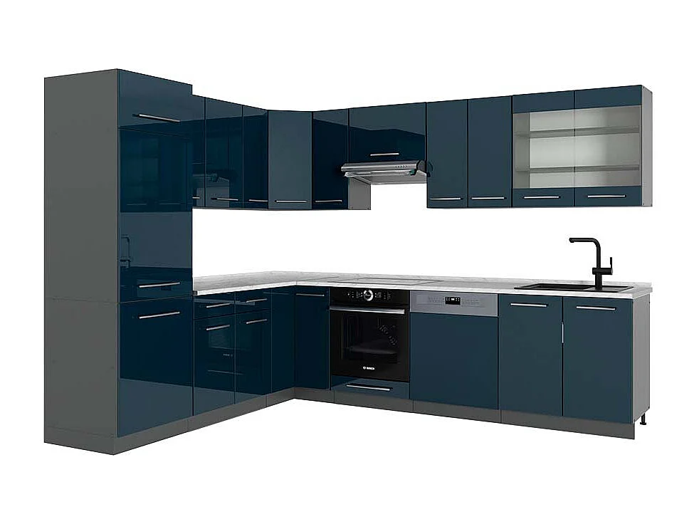 Cocina esquinera azul oscuro alto brillo/antracita 287x60x81.6 fame-line