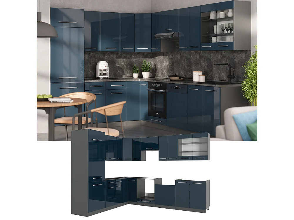Cocina esquinera azul oscuro alto brillo/antracita 287x60x81.6 fame-line