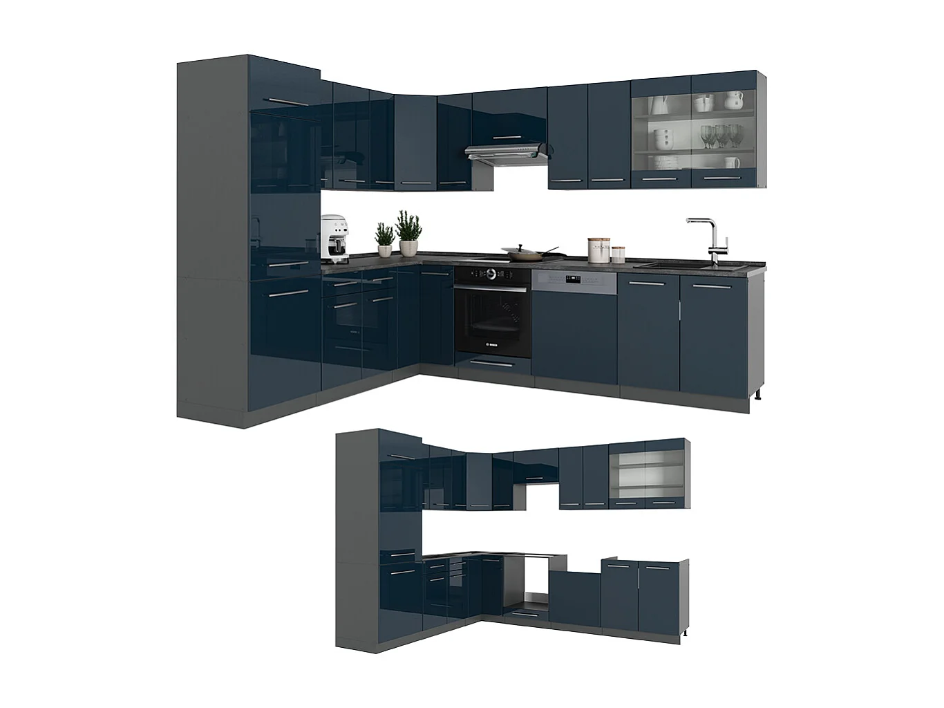 Cocina esquinera azul oscuro alto brillo/antracita 287x60x81.6 fame-line