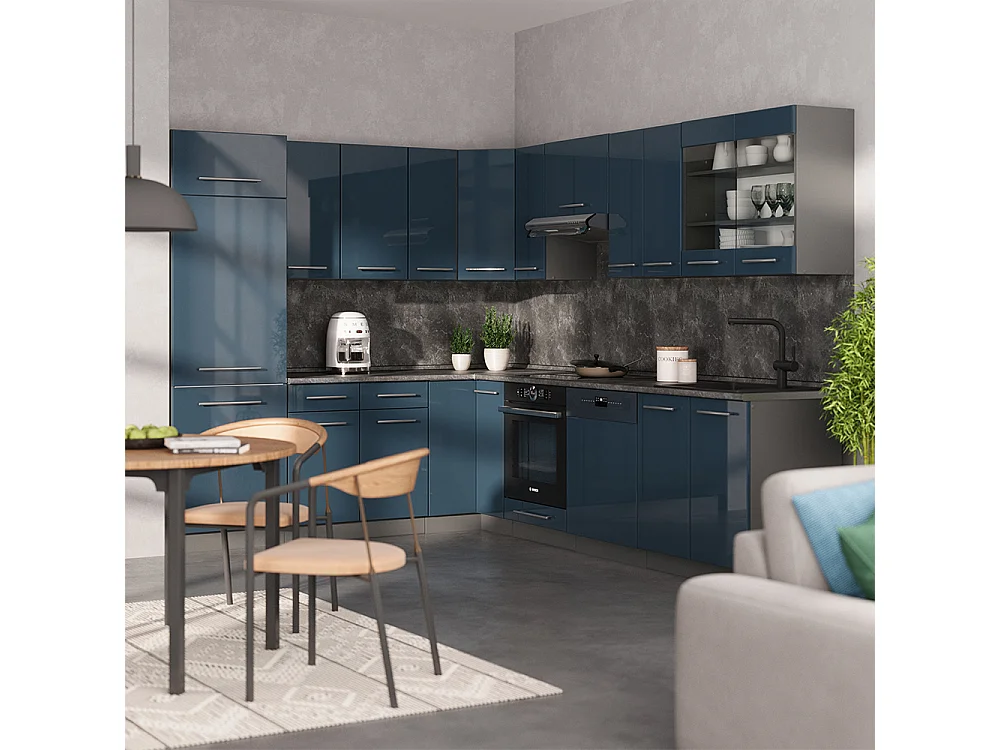 Cuisine en angle bleu foncé brillant/anthracite 287x60x81.6 fame-line