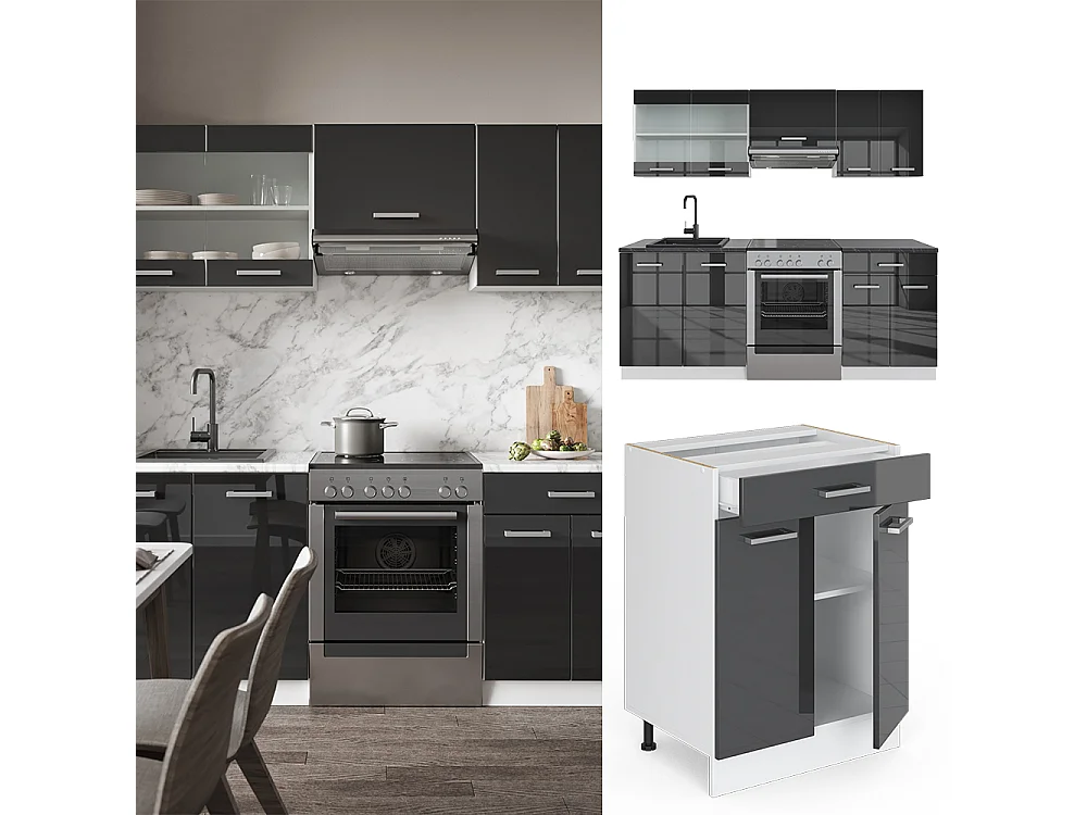 Cucina componibile antracite lucido 200x46x81.6 fame-line