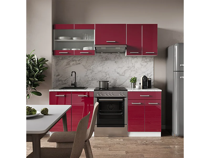 Mueble de cocina rojo brillo intenso/blanco 200x60x81.6 r-line