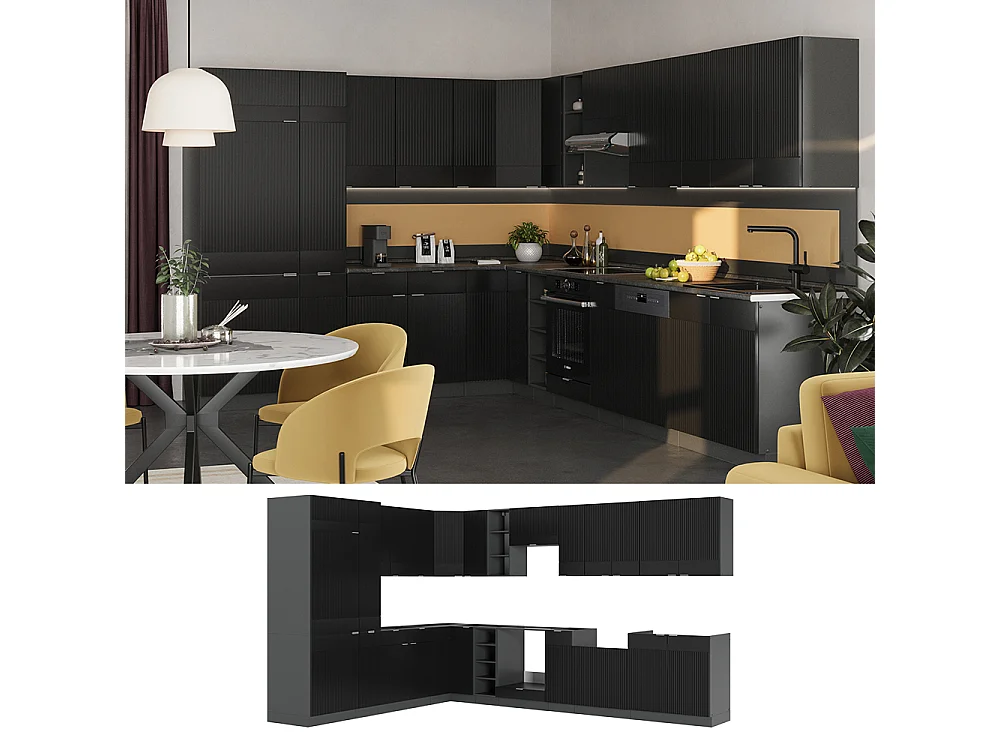 Cuisine en angle noir rayé/anthracite 347x46x81.6 fame-line
