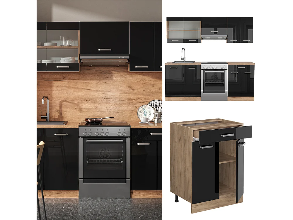 Mueble de cocina roble negro/dorado de alto brillo 200x46x81.6 r-line