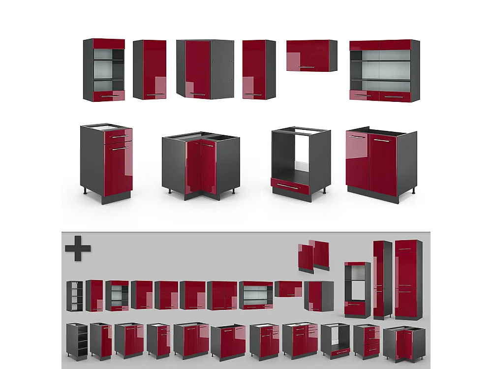 Cocina esquinera burdeos brillo intenso/antracita 190x60x81.6 fame-line